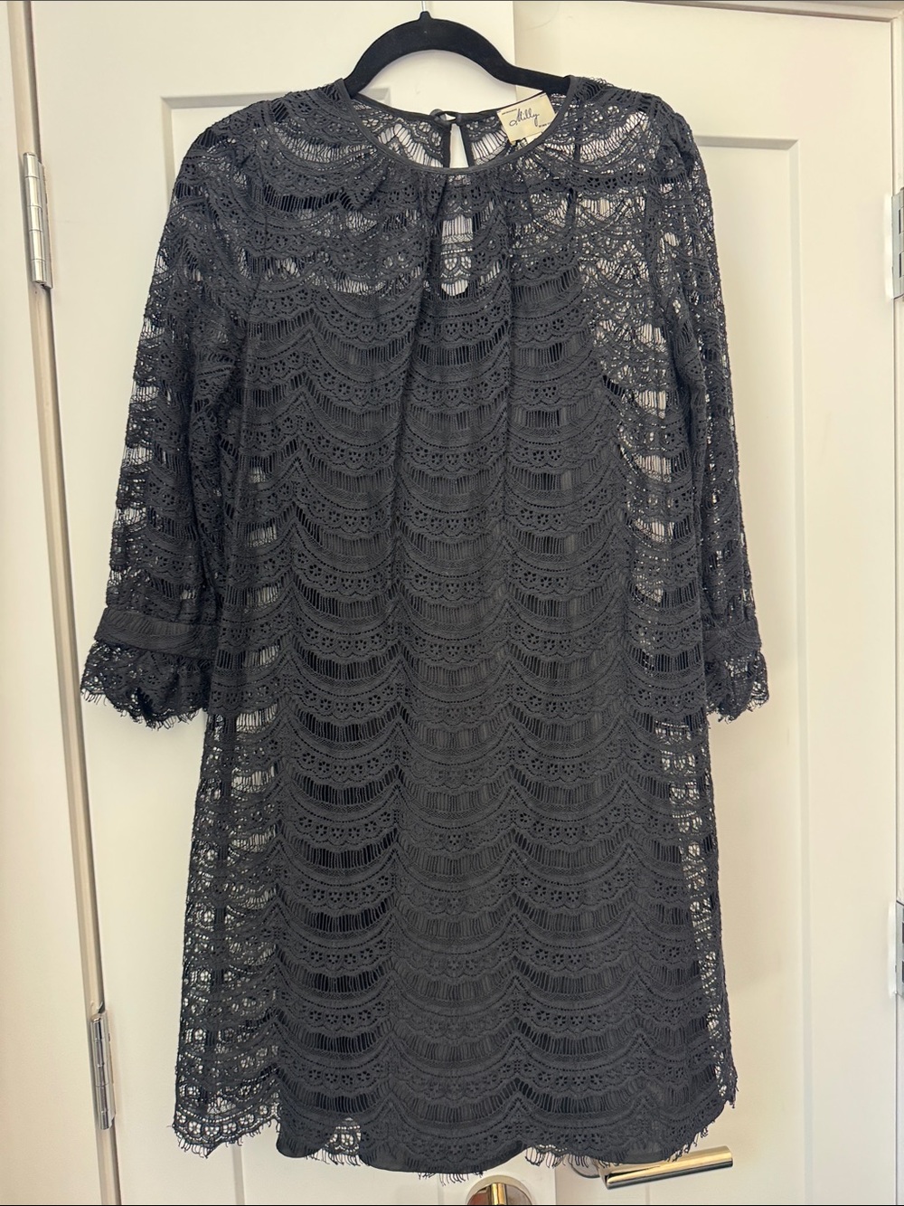 Milly Charcoal Black Lace Long-Sleeve Shift Dress